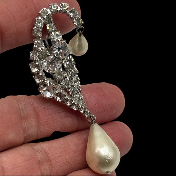Vintage Marvella Ear Climber Rhinestone Pearl Drop Earrings - Picture 4 of 7